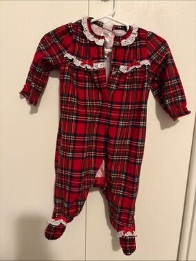 Little Me Red Plaid Footed One-Piece with White Lace Trim